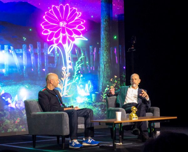Ori Inbar and Neal Stephenson on the main stage at AWE 2023