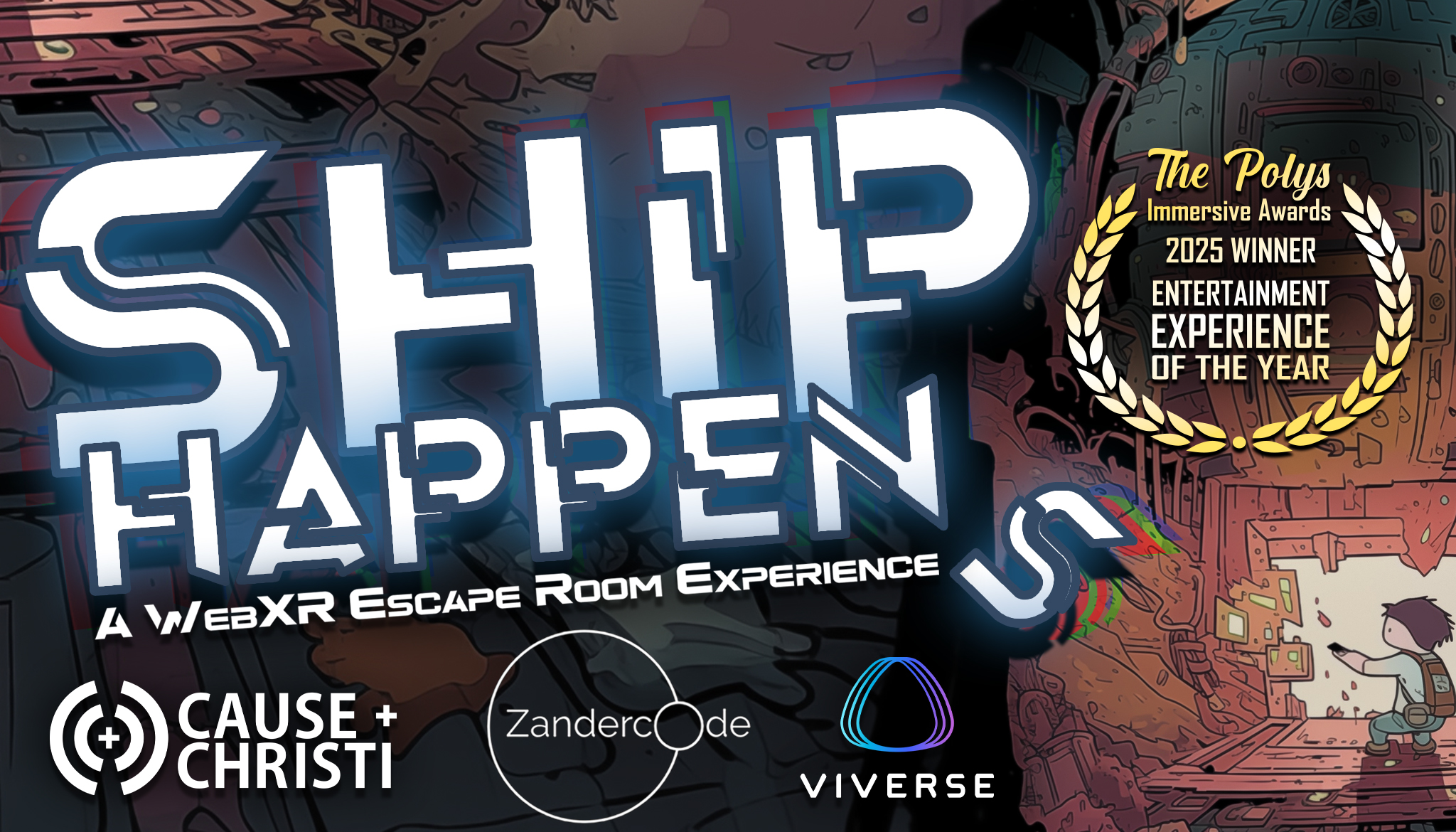The Ship Happens logo with the Poly Award laurels next to it.